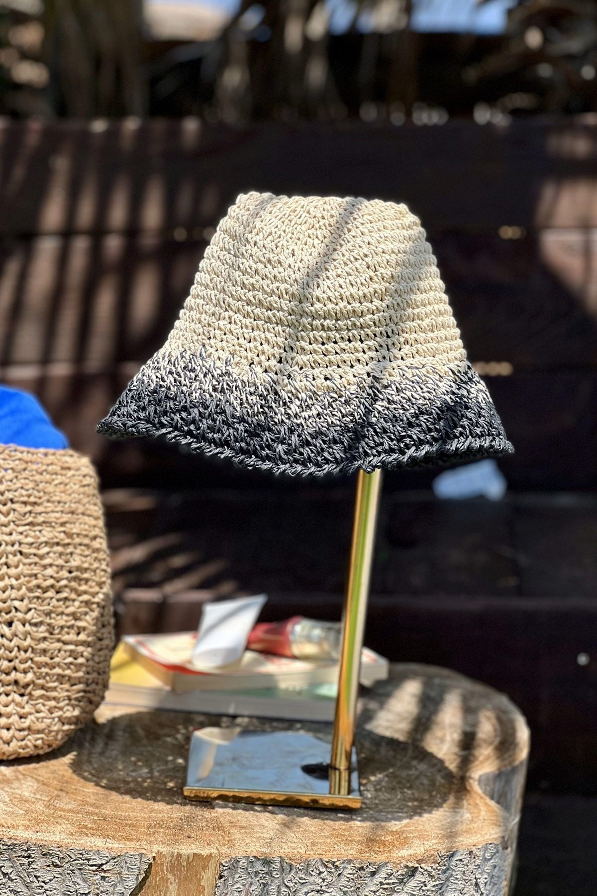 El Örgüsü Bej Siyah Hasır Şapka 14404 Ürün ana görseli