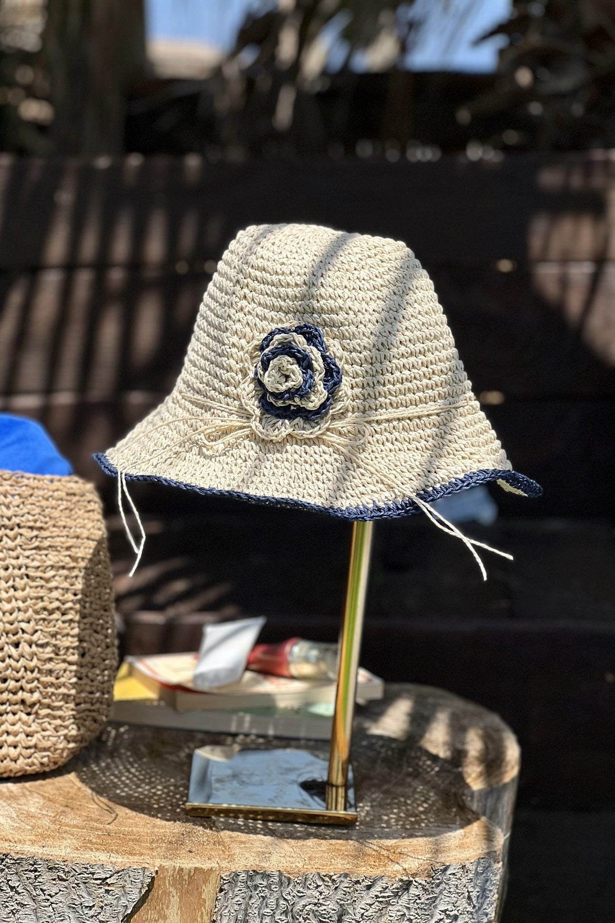 El Örgüsü Çiçekli Bej Hasır Şapka 14520