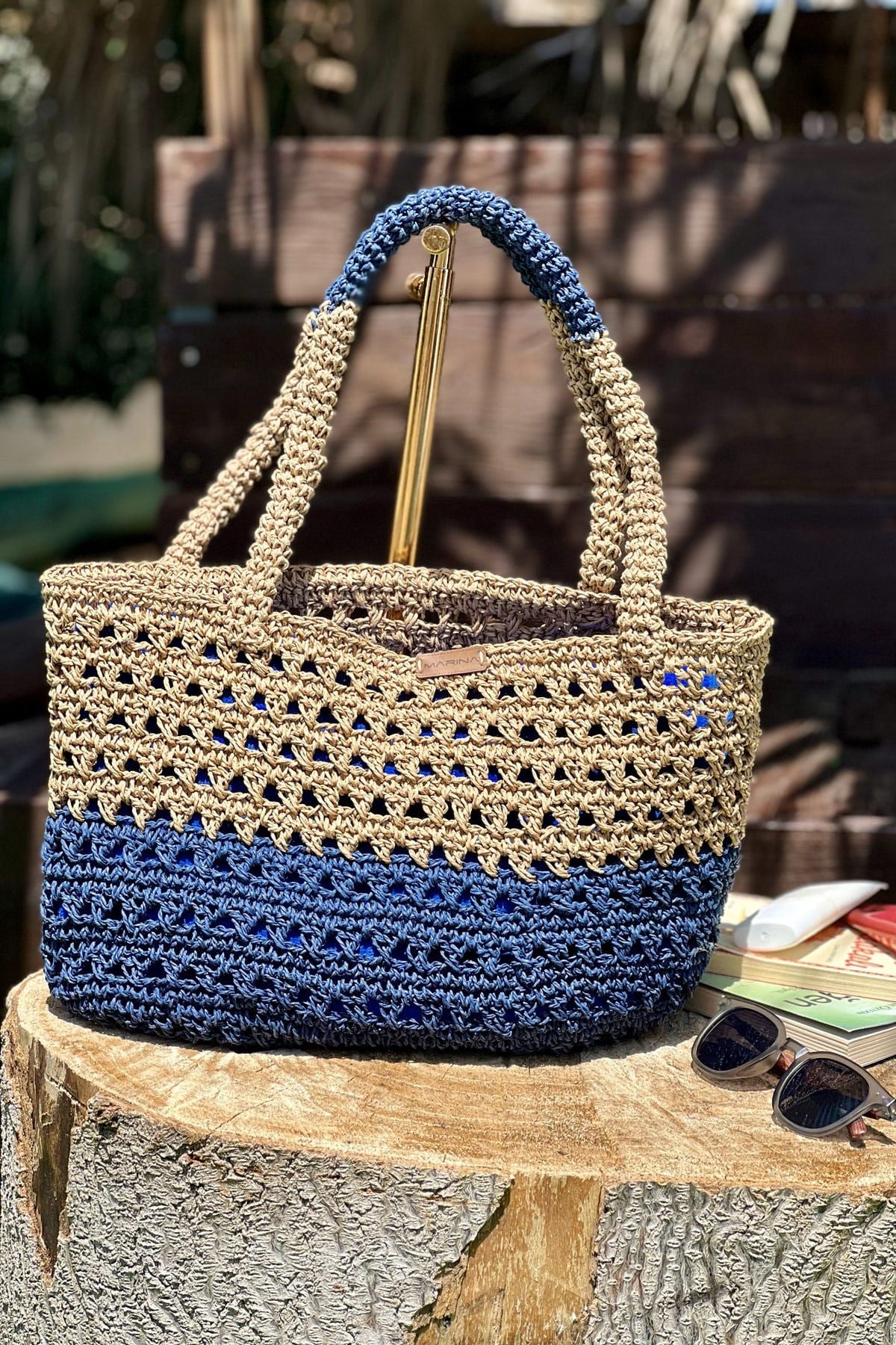 El Örgüsü Mavi Bej Hasır Çanta C2418