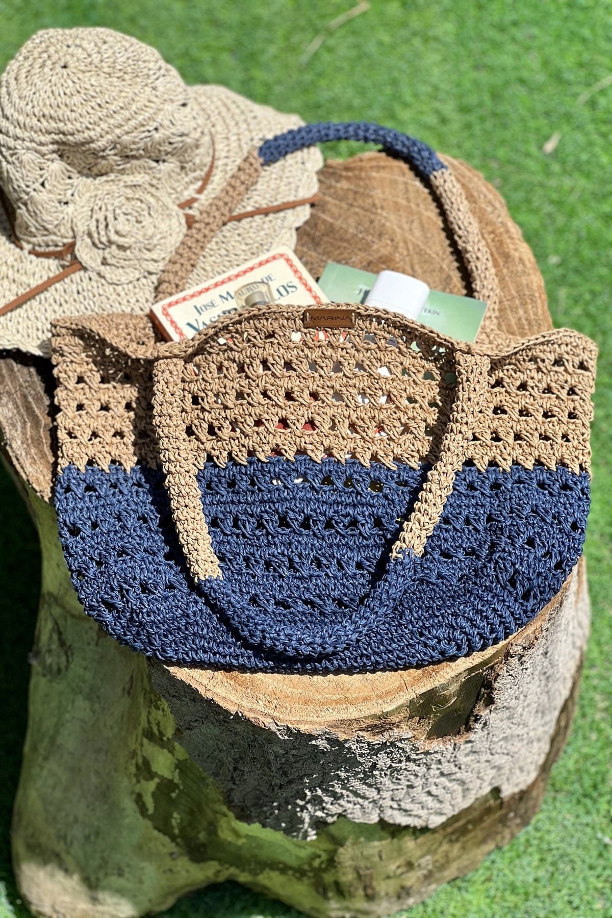 El Örgüsü Mavi Bej Hasır Çanta C2418