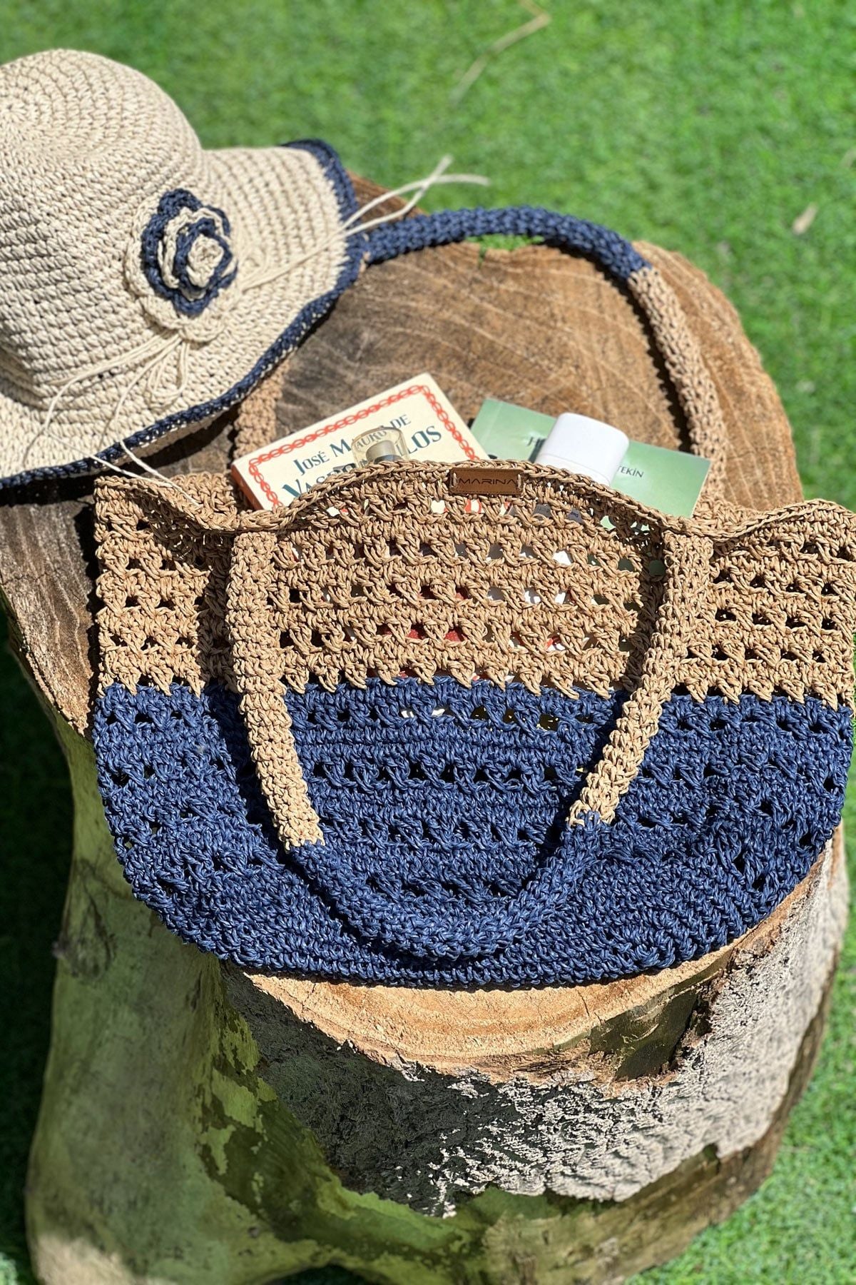 El Örgüsü Mavi Bej Hasır Çanta C2418