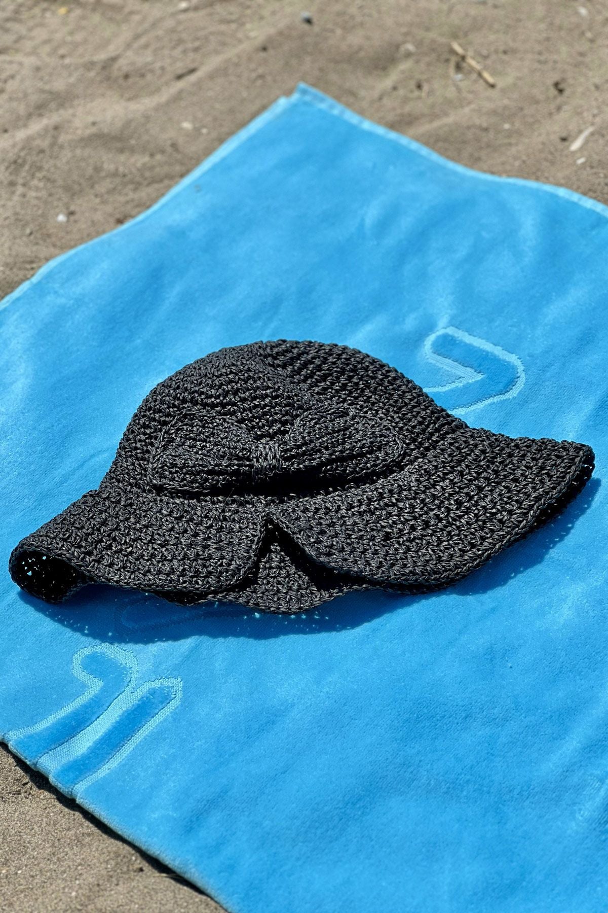 El Örgüsü Siyah Hasır Şapka 14527