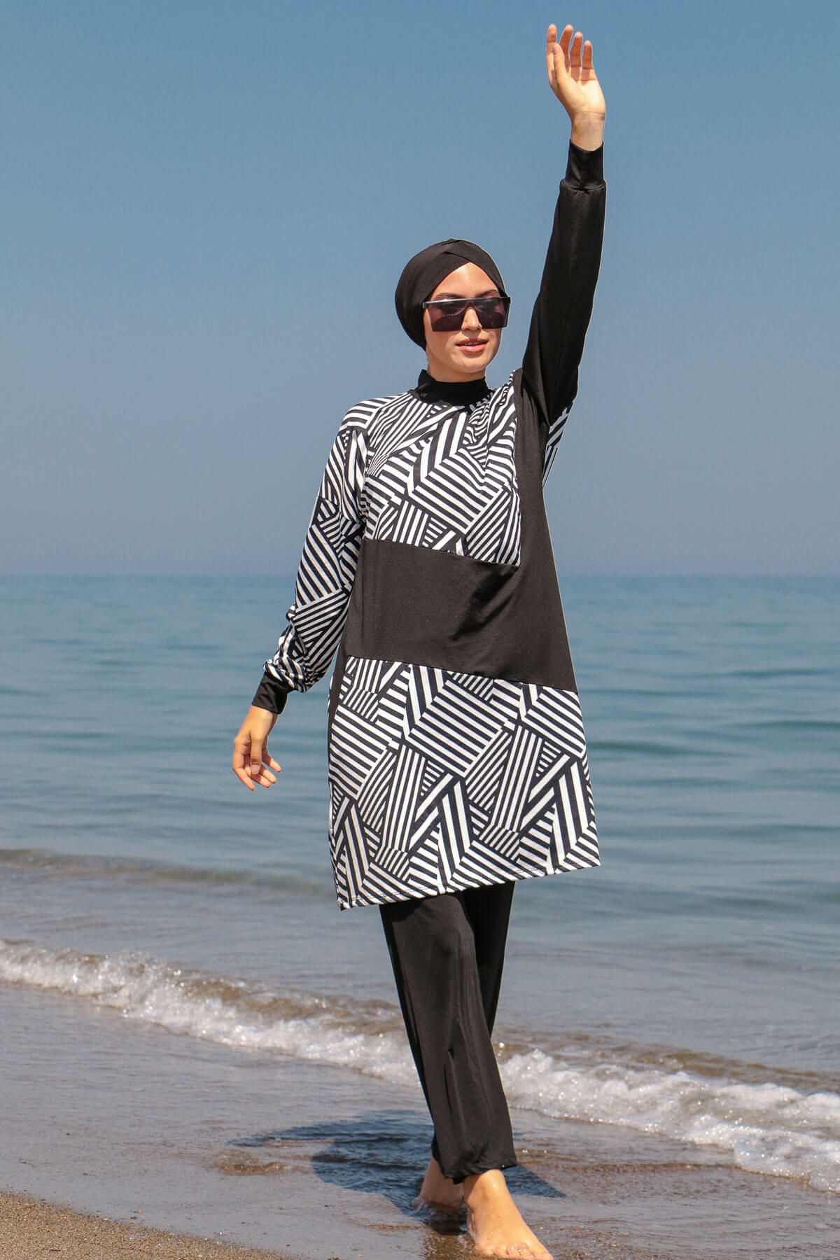 İp bağlamalı 4’lü Çapraz çizgili Tam Kapalı Tesettür Mayo M2011