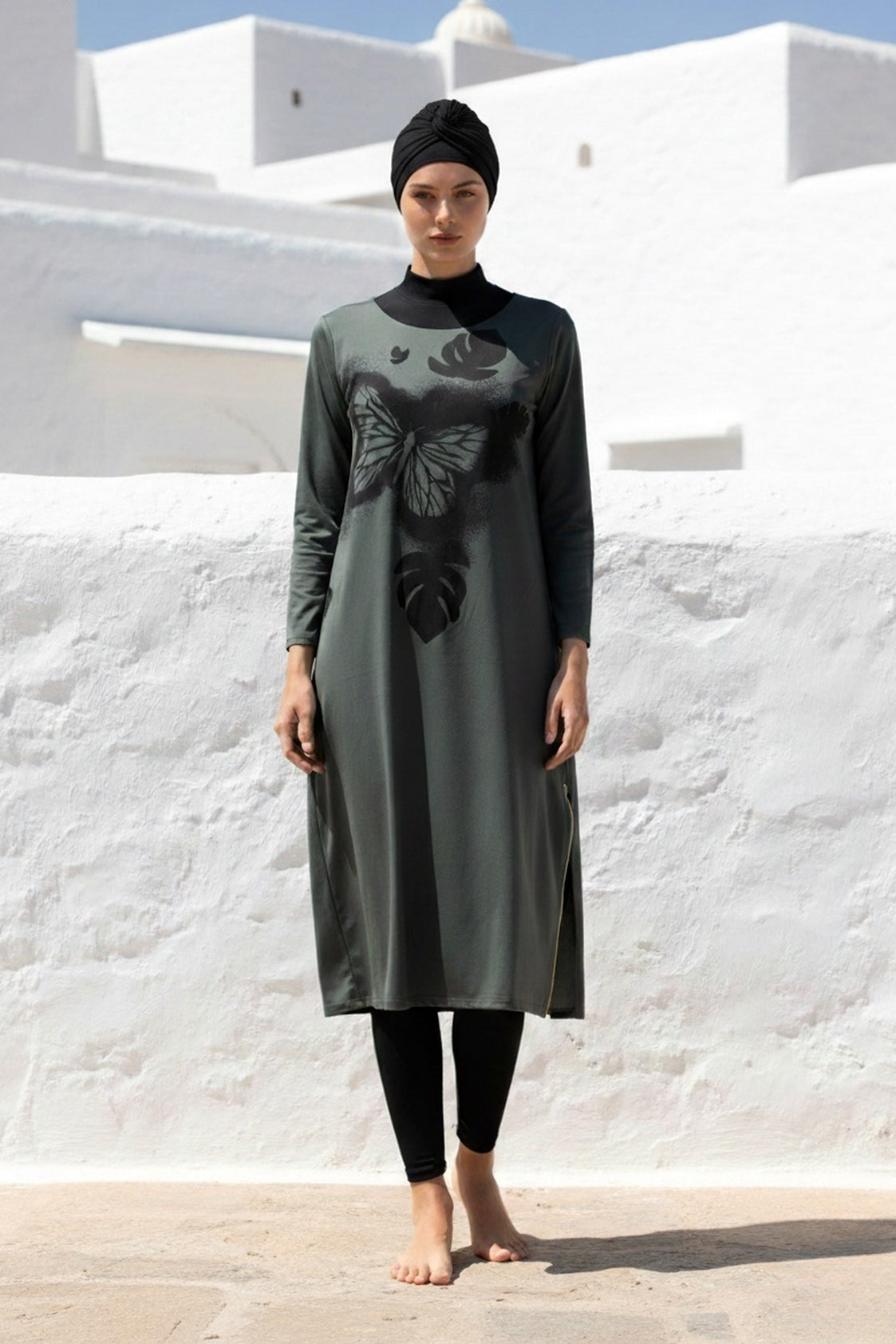 Tam Kapalı Tesettür Mayo Haki Desenli Likralı 4 Parça M2021 Ürün ana görseli