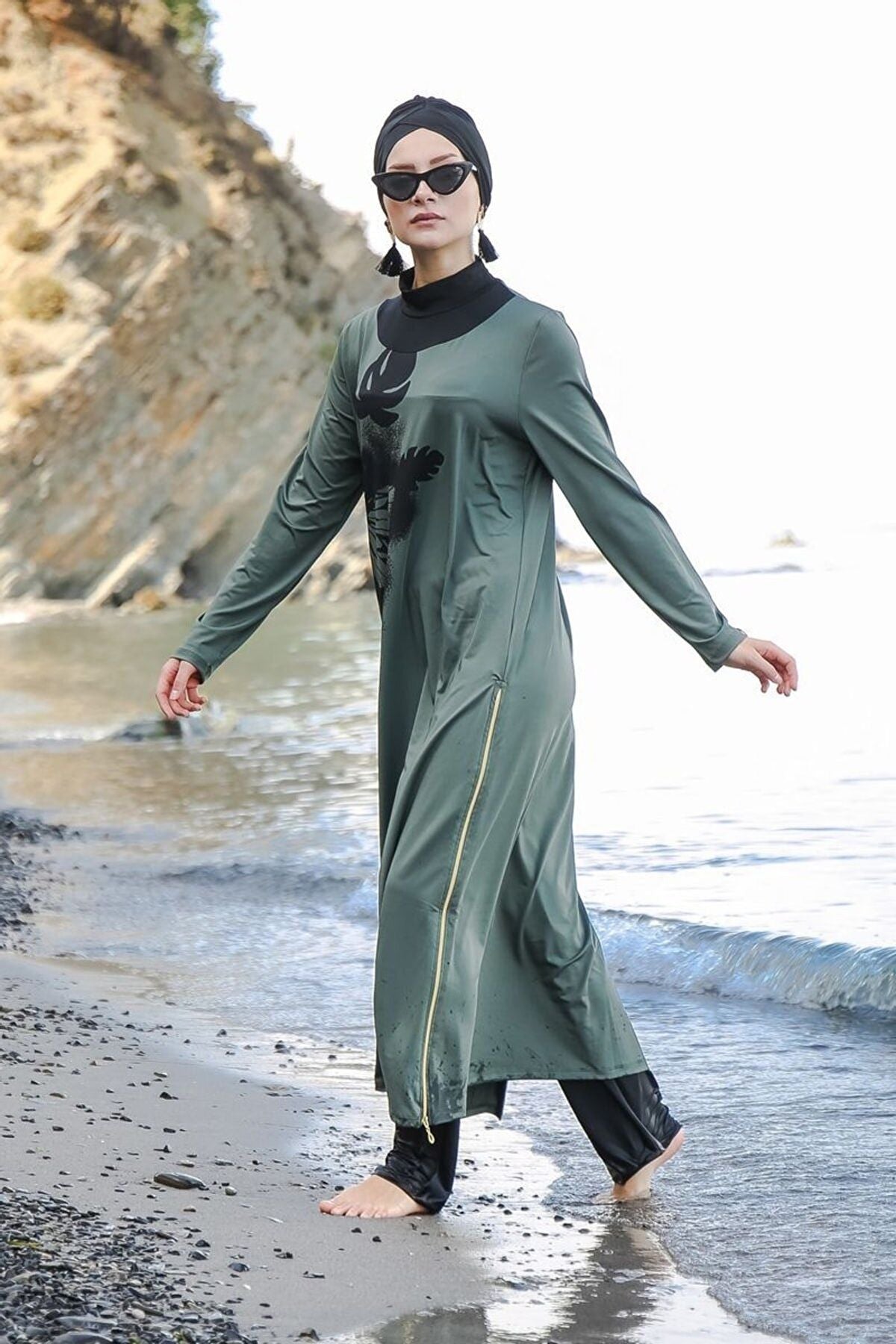 Tam Kapalı Tesettür Mayo Haki Desenli Likralı 4 Parça M2021