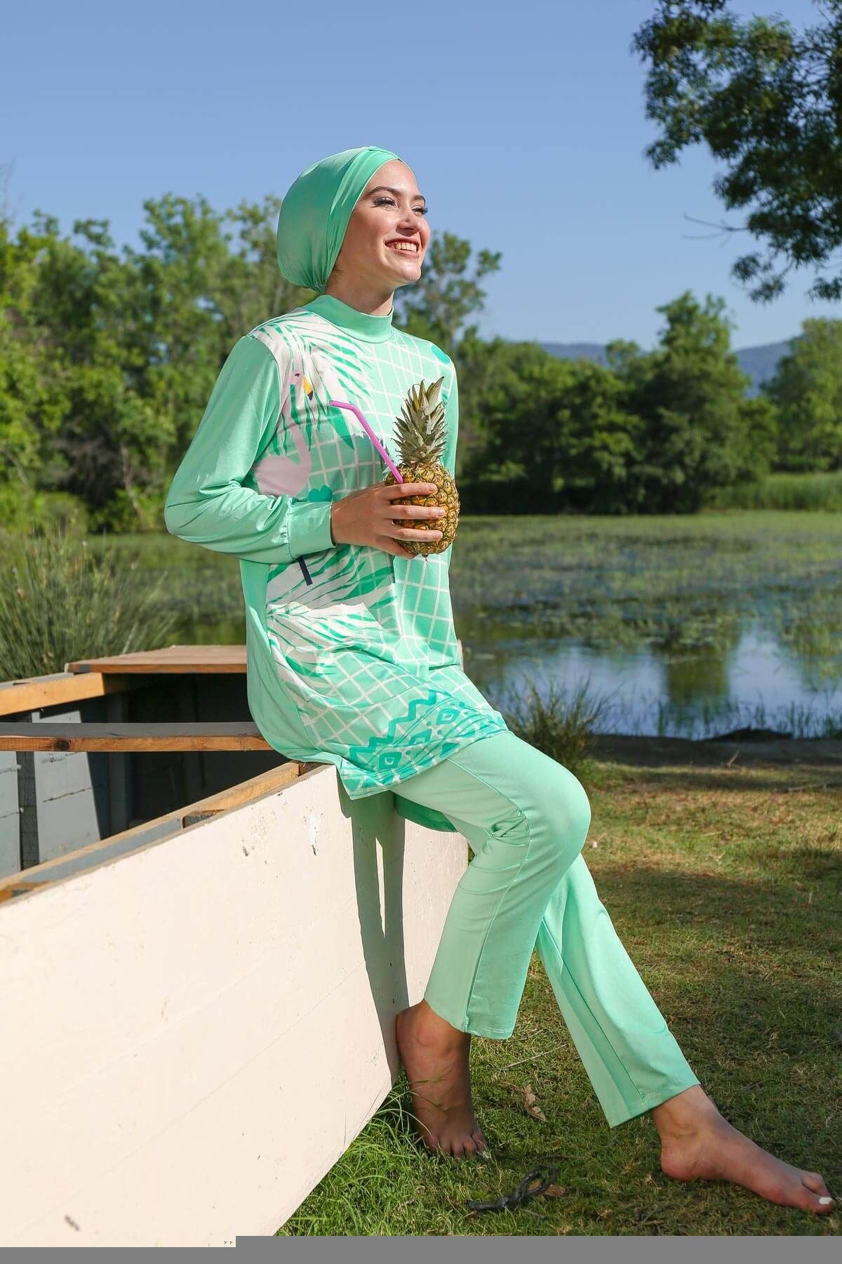 İp Bağlamalı 4’lü Turkuaz desenli Tam Kapalı Tesettür Mayo  M2024