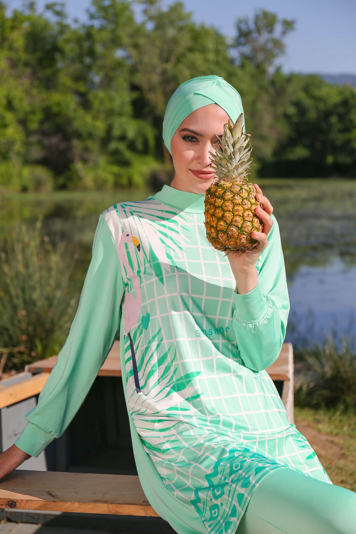 İp Bağlamalı 4’lü Turkuaz desenli Tam Kapalı Tesettür Mayo  M2024