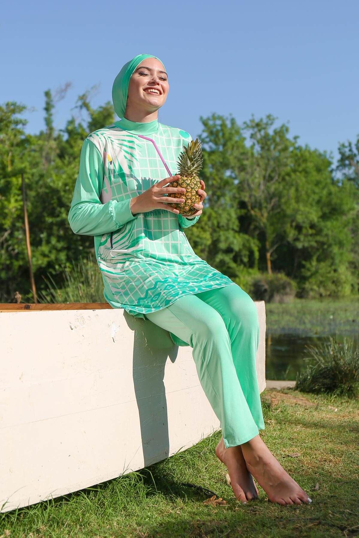 İp Bağlamalı 4’lü Turkuaz desenli Tam Kapalı Tesettür Mayo  M2024