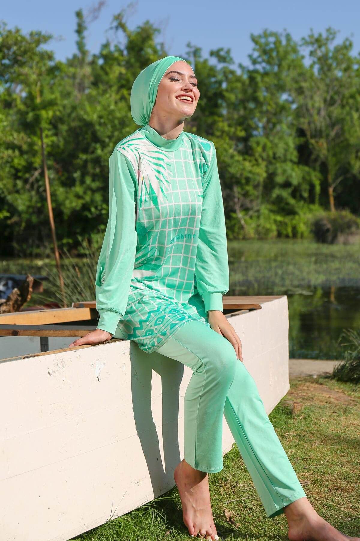 İp Bağlamalı 4’lü Turkuaz desenli Tam Kapalı Tesettür Mayo  M2024