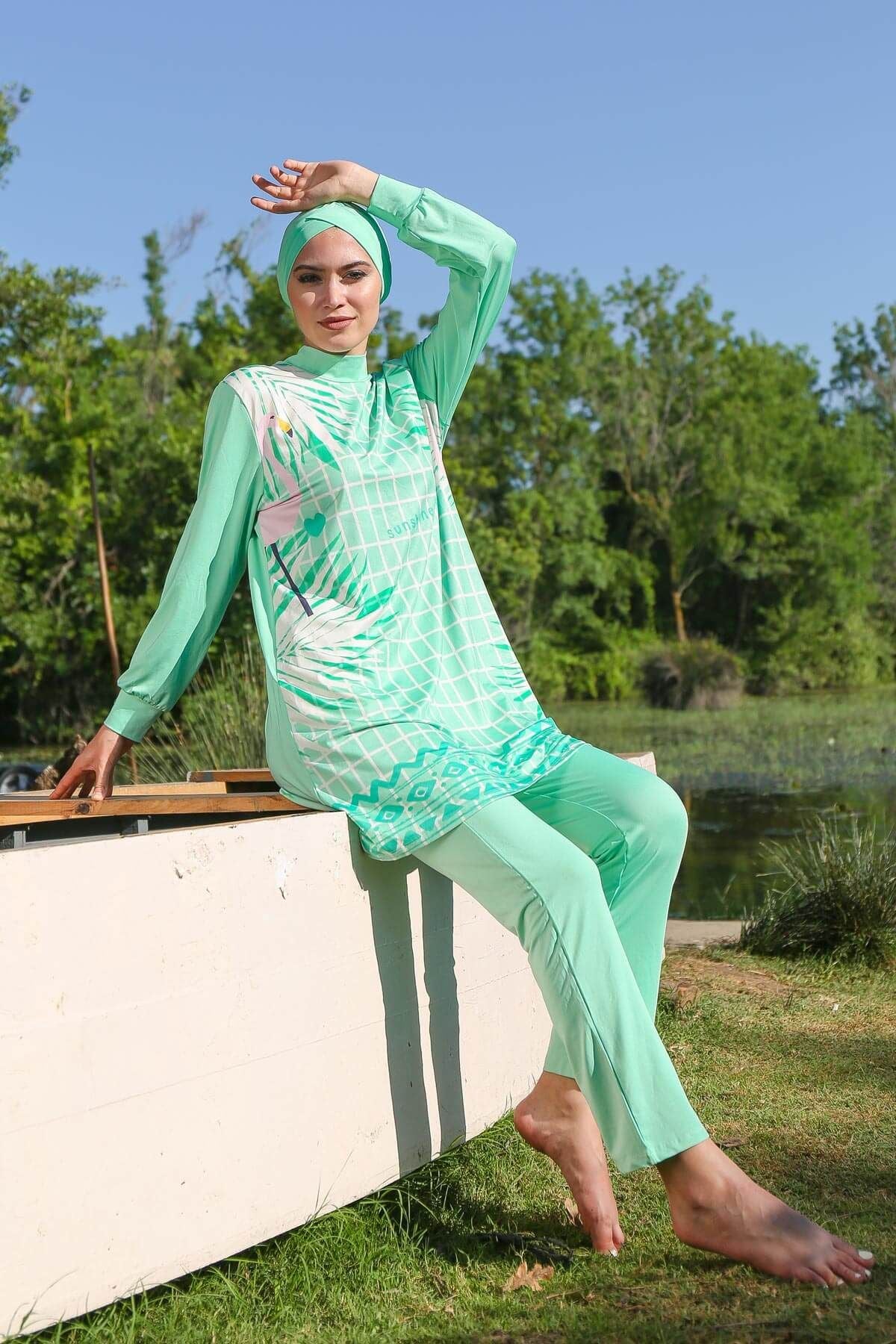 İp Bağlamalı 4’lü Turkuaz desenli Tam Kapalı Tesettür Mayo  M2024