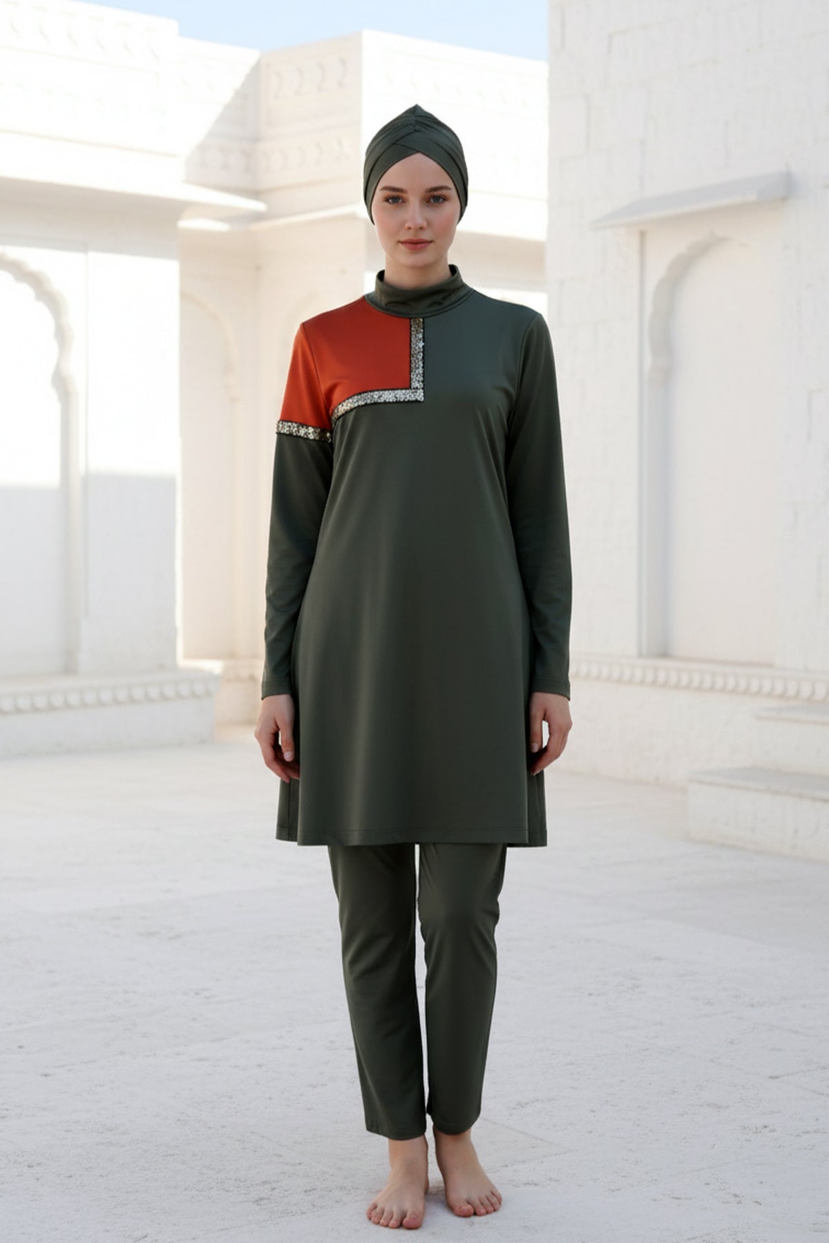 Tam Kapalı Tesettür Mayo Haki Likralı 3 Parça M2108 Ürün ana görseli