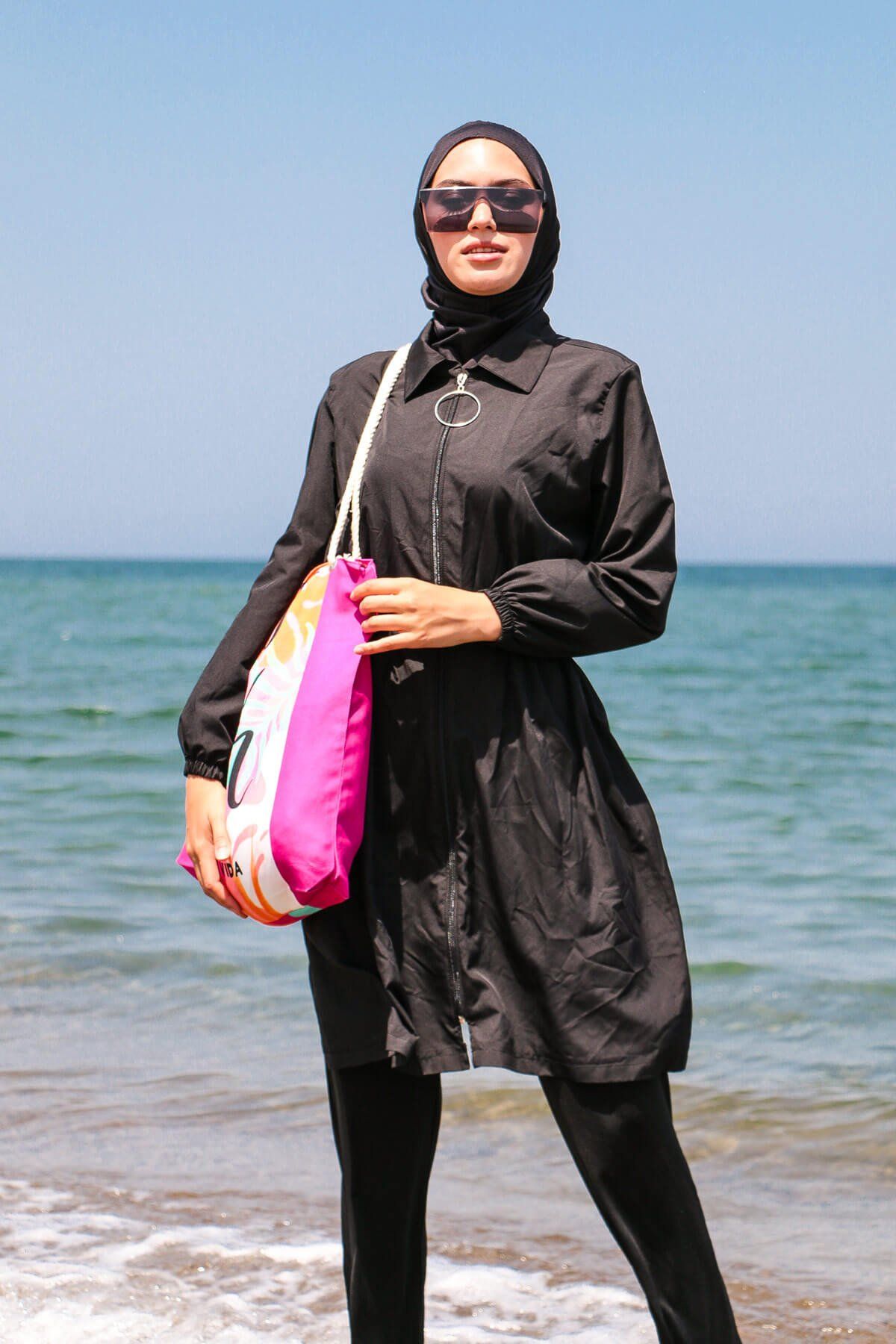 Marina Tam Kapalı Siyah Dokuma Tesettür Mayo M2116