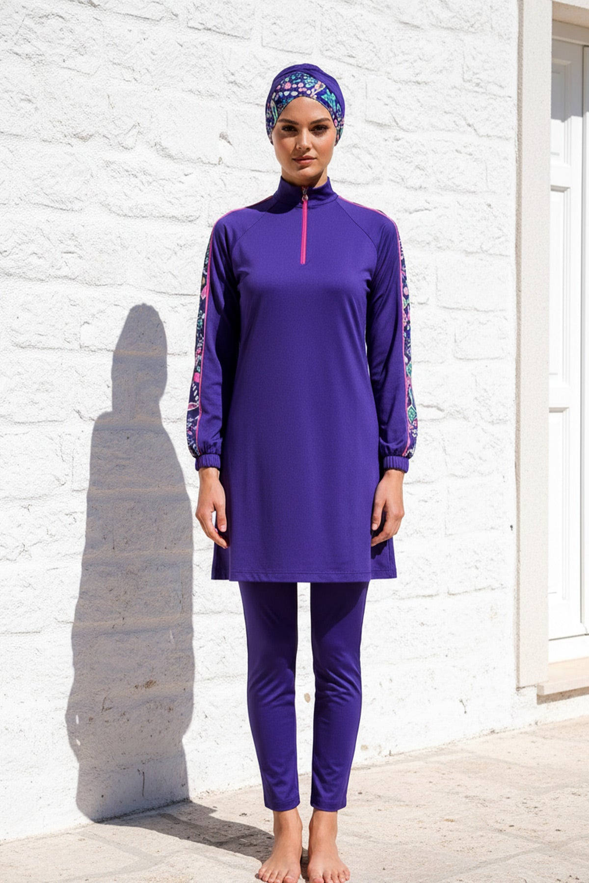 Tam Kapalı Tesettür Mayo 3’lü Set Saks Mavi Kolları Desenli Likralı – M2228 Ürün ana görseli