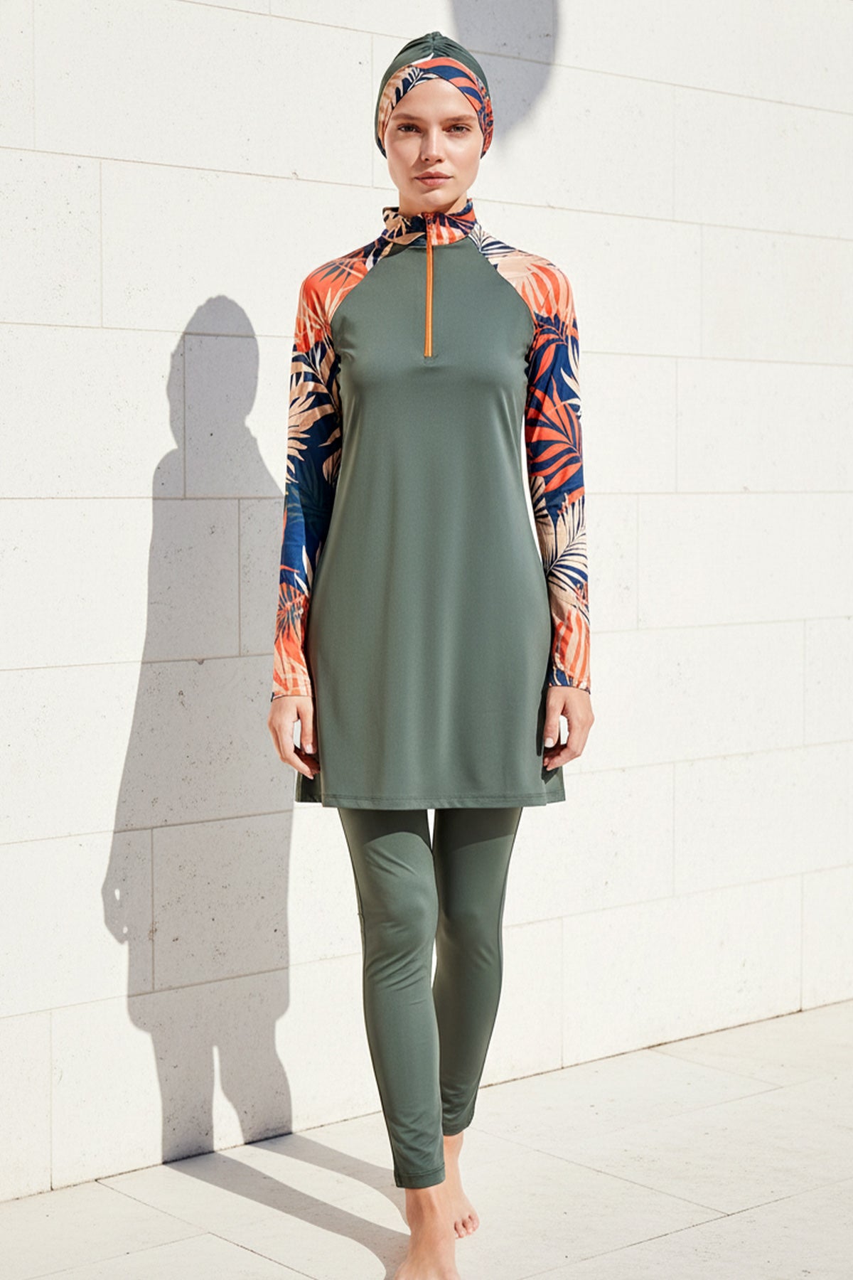 Tam Kapalı Tesettür Mayo 4’lü Set Haki Desenli Su İtici Likralı – M2229