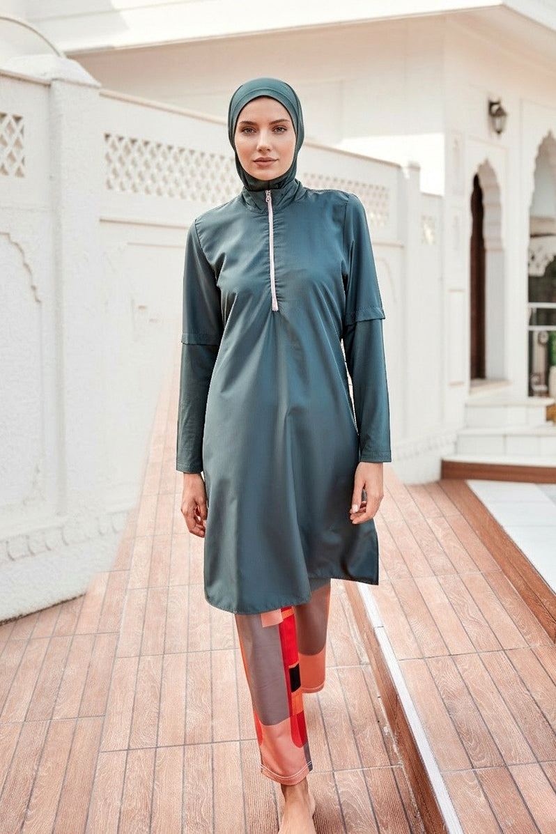 Tam Kapalı Tesettür Mayo 4’lü Set Paraşüt Kumaş Haki Su İtici Likralı – M2279