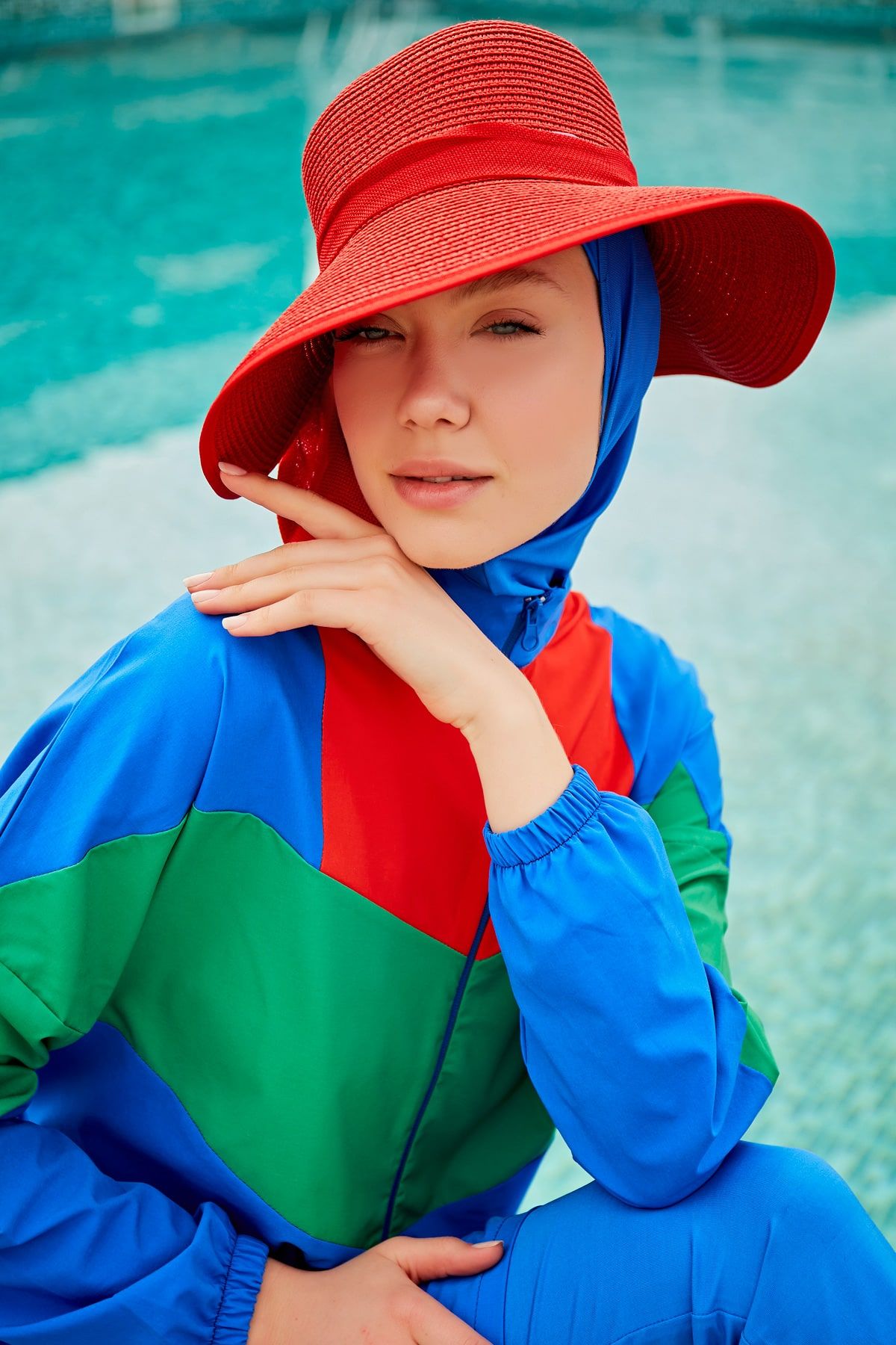 Marina 4'lü Paraşüt Saks Tam Kapalı Tesettür Mayo M2306 Ürün ana görseli