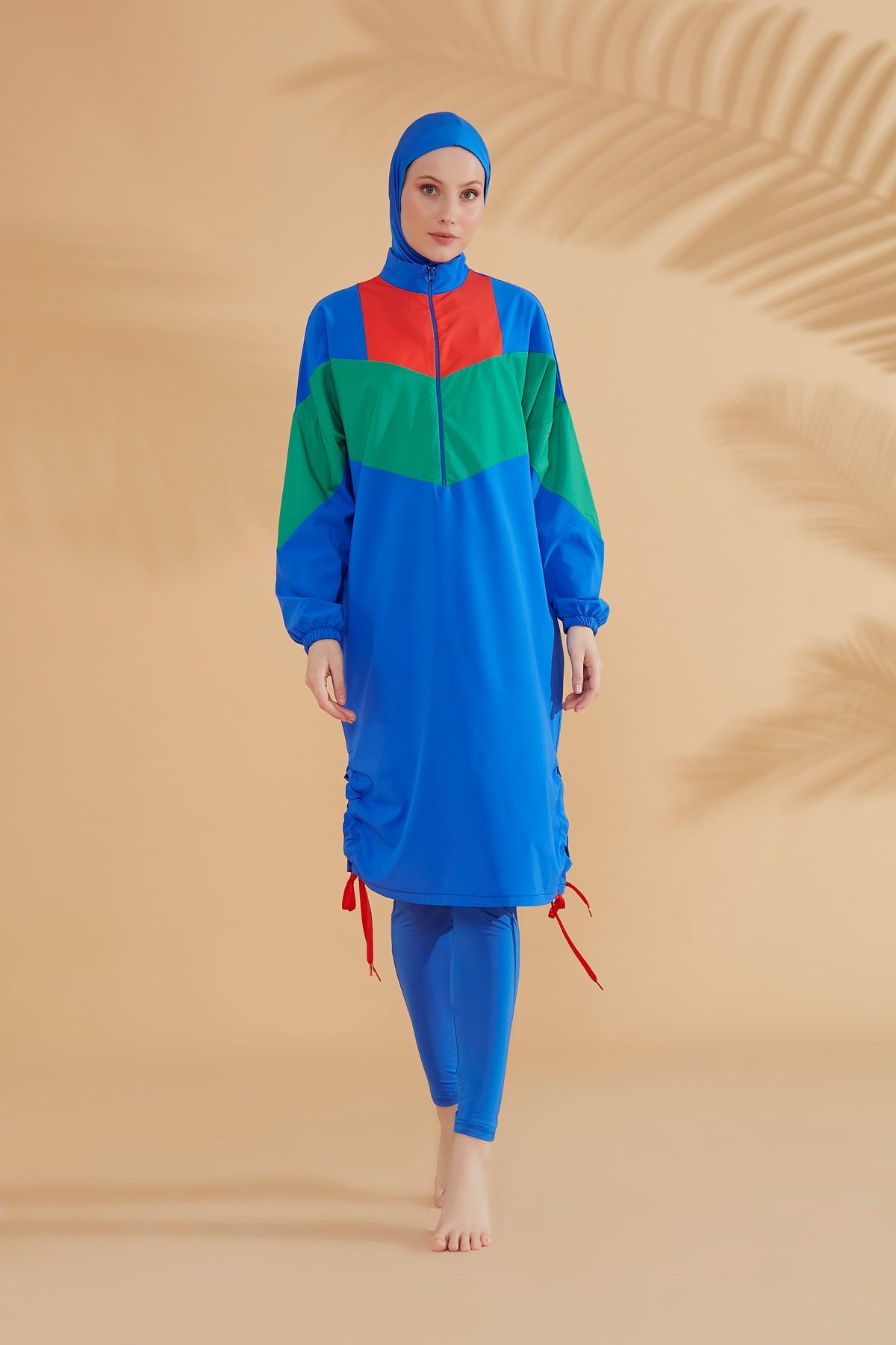 Marina 4'lü Paraşüt Saks Tam Kapalı Tesettür Mayo M2306