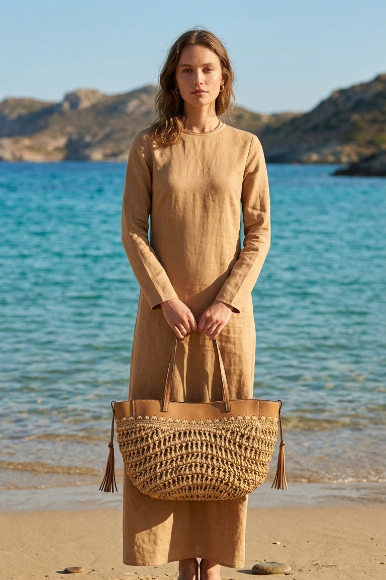 Camel Deri Detaylı Hasır Çanta CNT2604-2