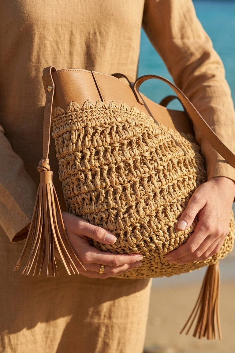 Camel Deri Detaylı Hasır Çanta CNT2604-2