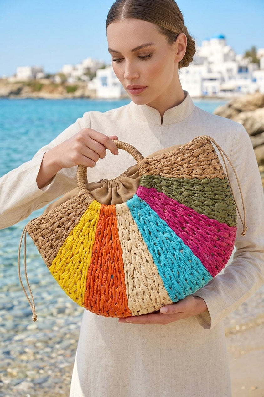 Renk Bloklu Camel Sepet Hasır Çanta CNT2609