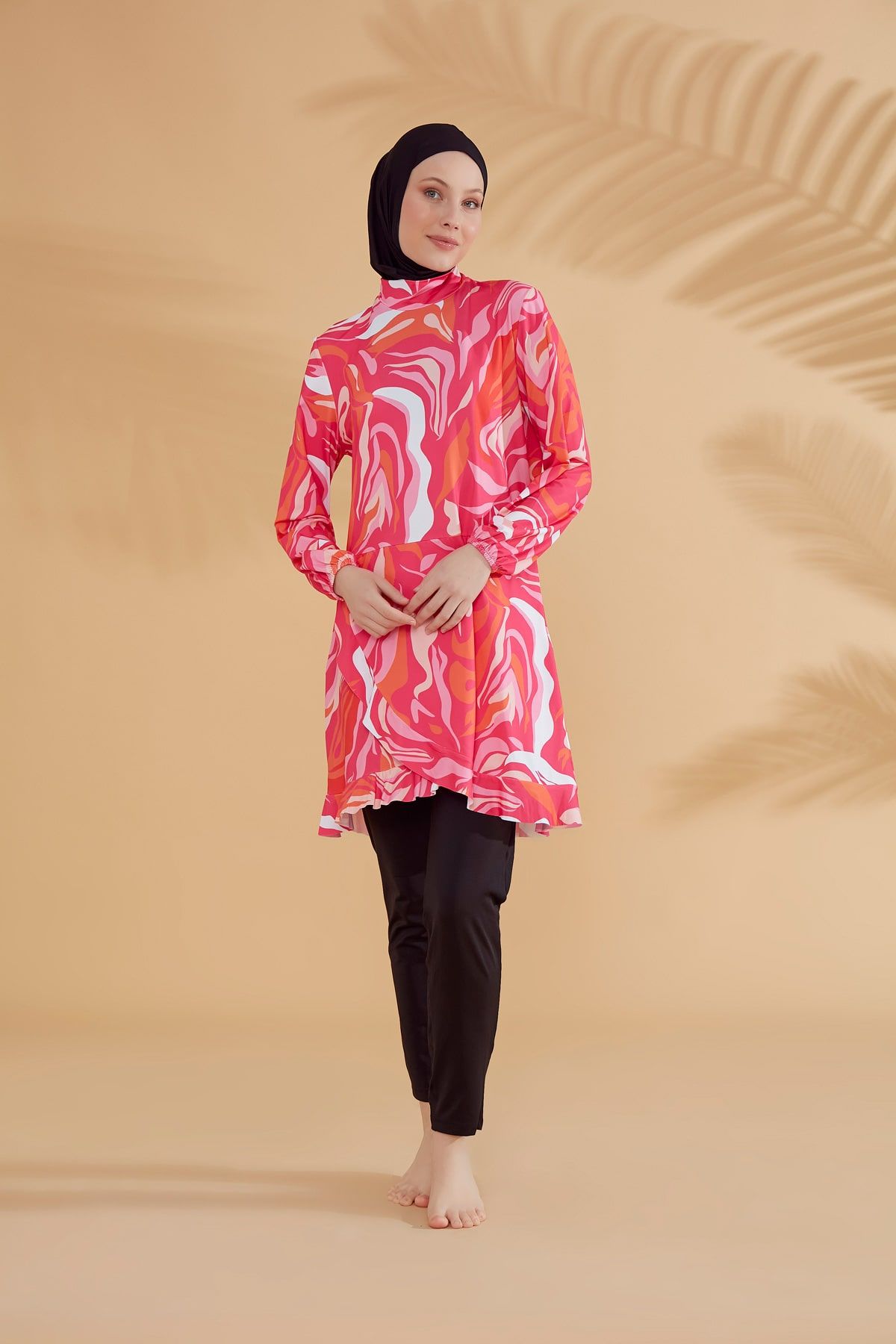 Desenli Fuşya Tam Kapalı Tesettür Mayo M2322