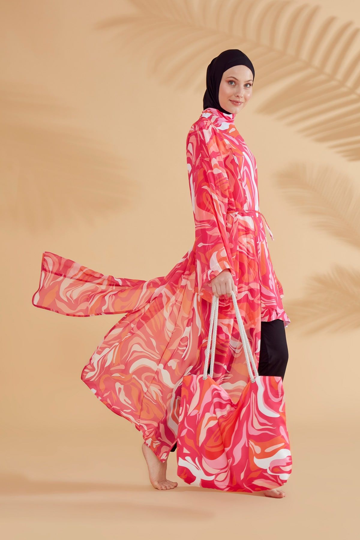 Desenli Fuşya Tam Kapalı Tesettür Mayo M2322