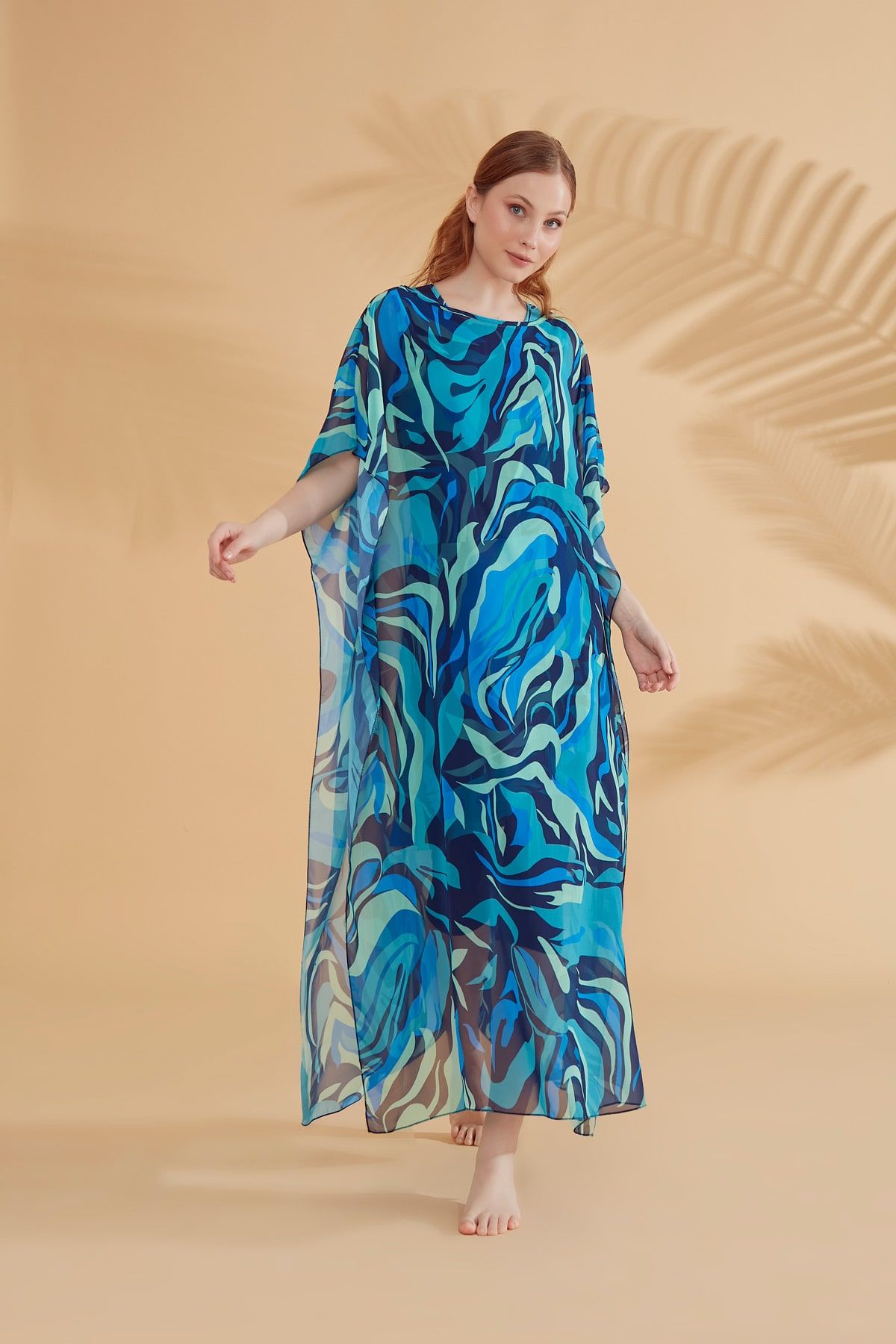 Desenli Turkuaz Pareo Kaftan P2347