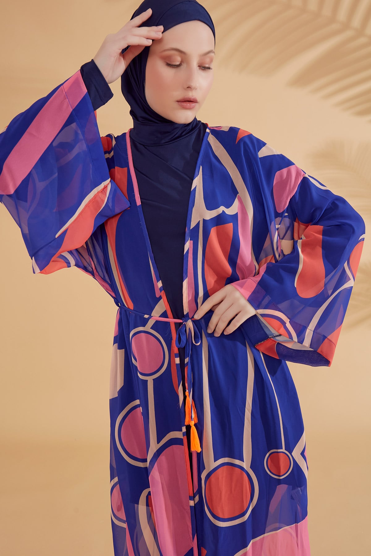 Geometrik Desenli Saks Plaj Kimono Kaftan – P2339