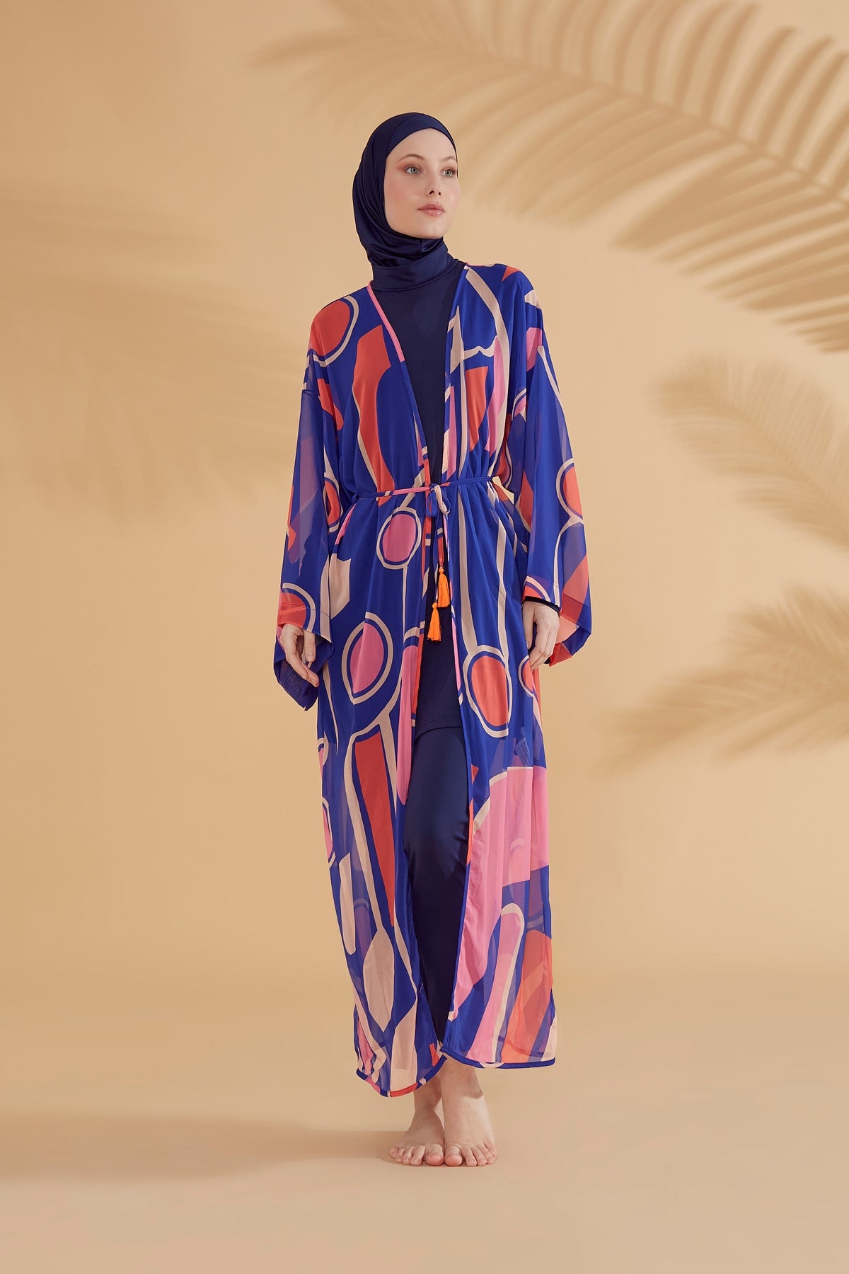 Geometrik Desenli Saks Plaj Kimono Kaftan – P2339
