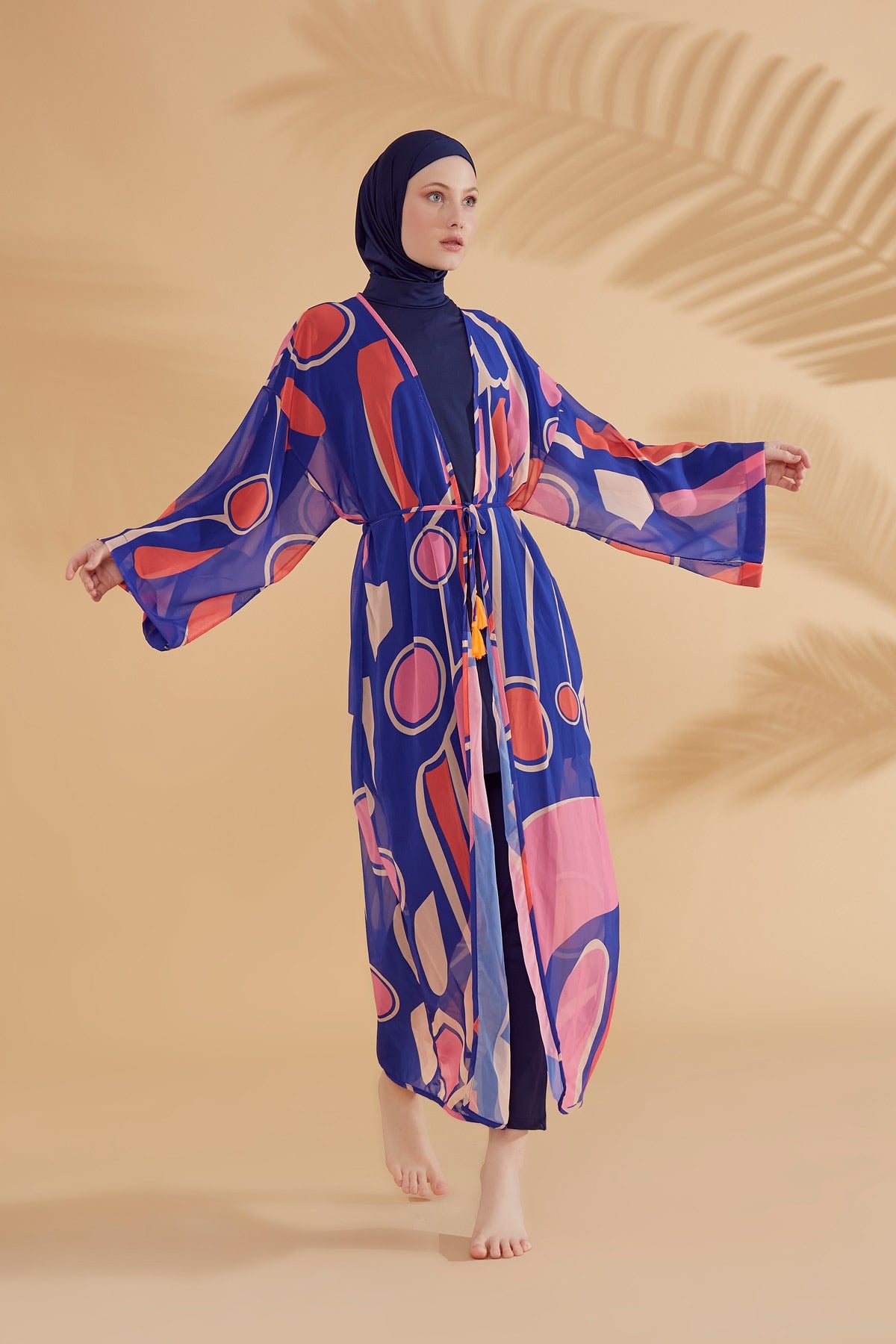Geometrik Desenli Saks Plaj Kimono Kaftan – P2339