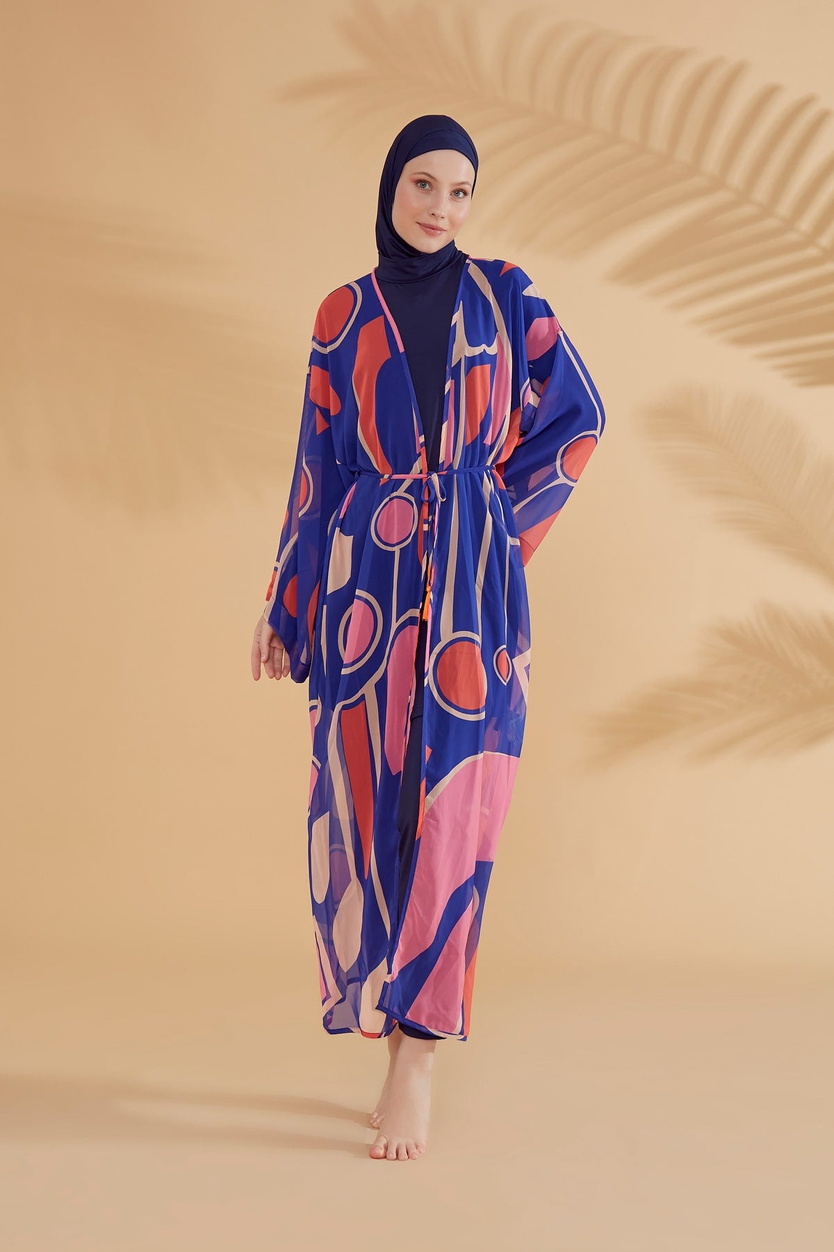Geometrik Desenli Saks Plaj Kimono Kaftan – P2339