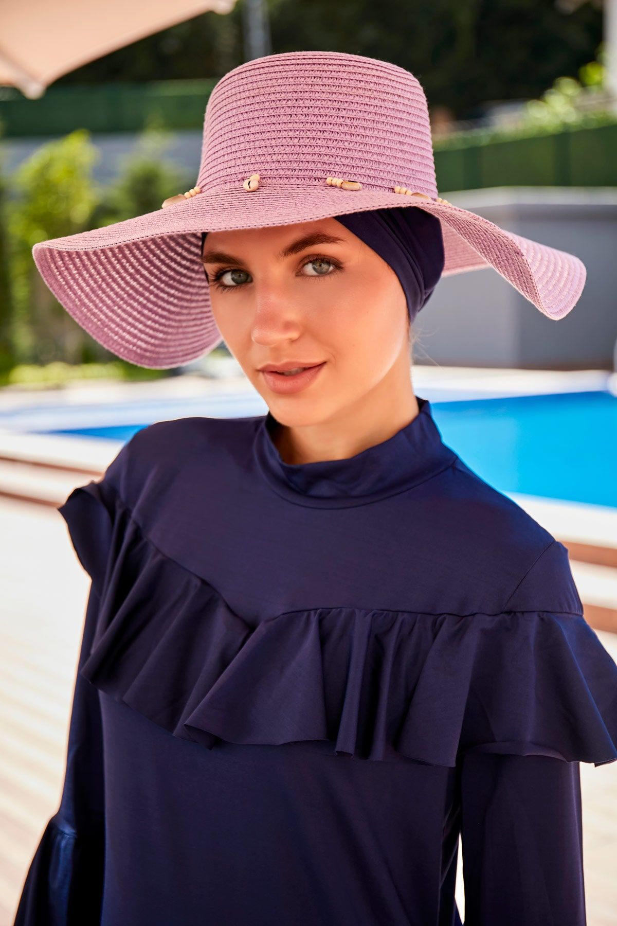 Deniz Kabuğu Lila Geniş Hasır Şapka 142321