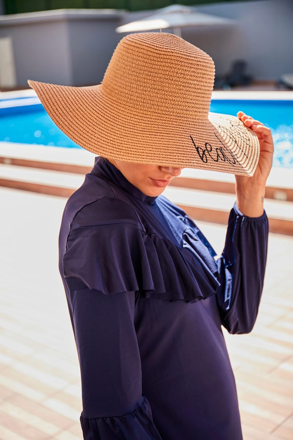 Yazılı Camel Hasır Kloş Şapka 142329