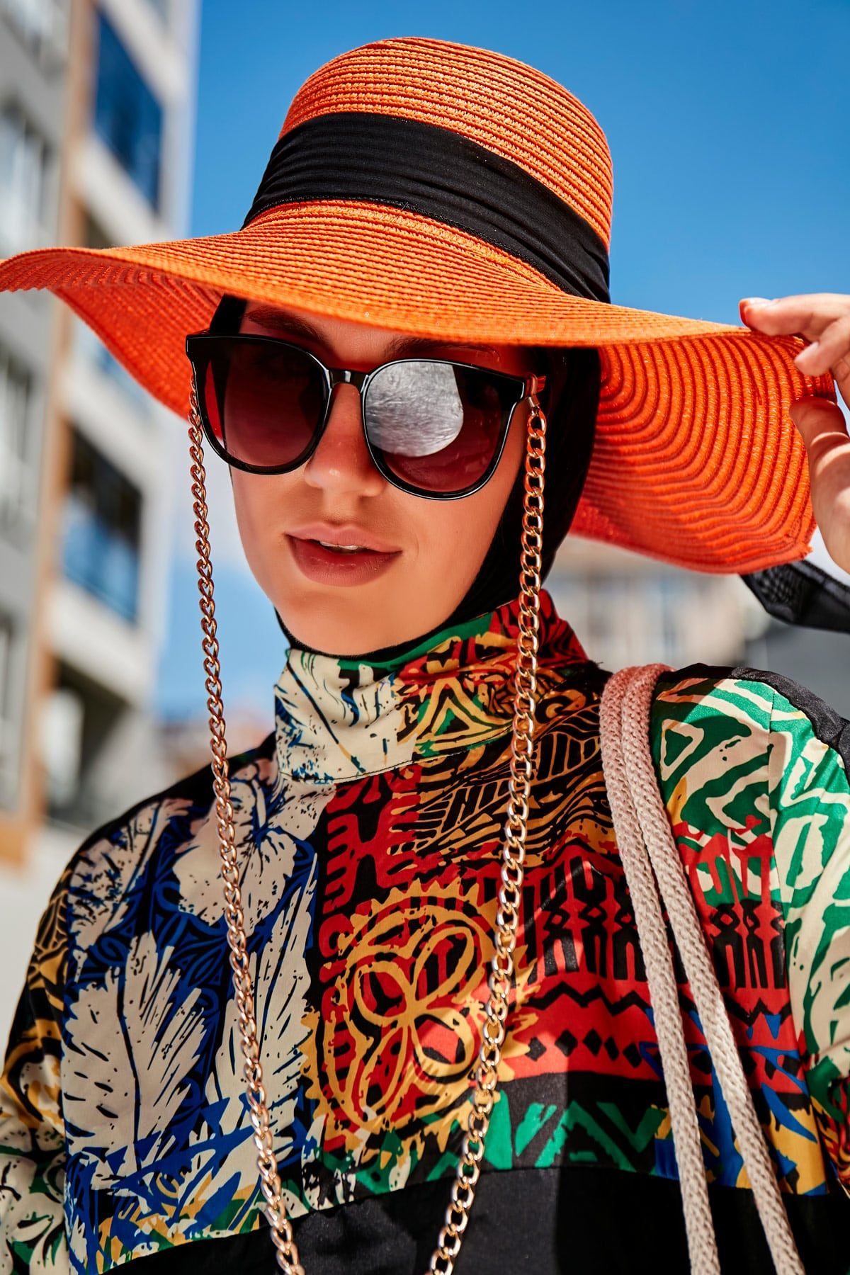 Fiyonklu Turuncu Geniş Hasır Şapka 1423218 Ürün ana görseli