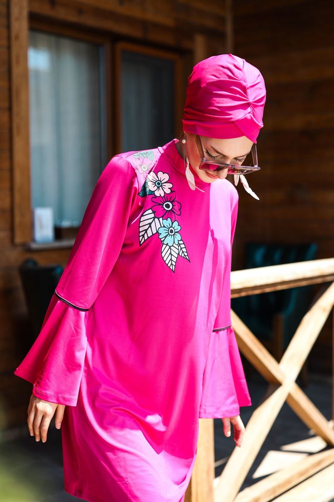 Tam Kapalı Tesettür Mayo Fuşya Likralı 4 Parça M2008