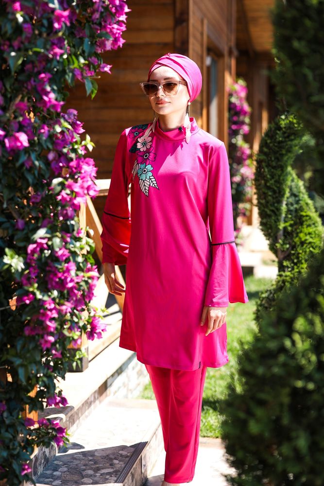 Tam Kapalı Tesettür Mayo Fuşya Likralı 4 Parça M2008