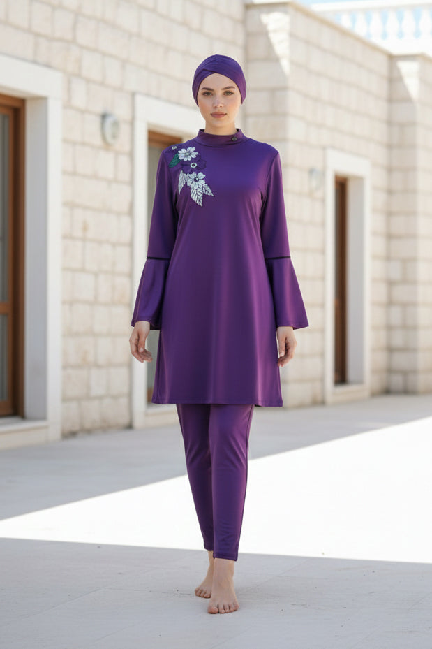 Tam Kapalı Tesettür Mayo Mor Çiçek Desenli Likralı 4 Parça M2008