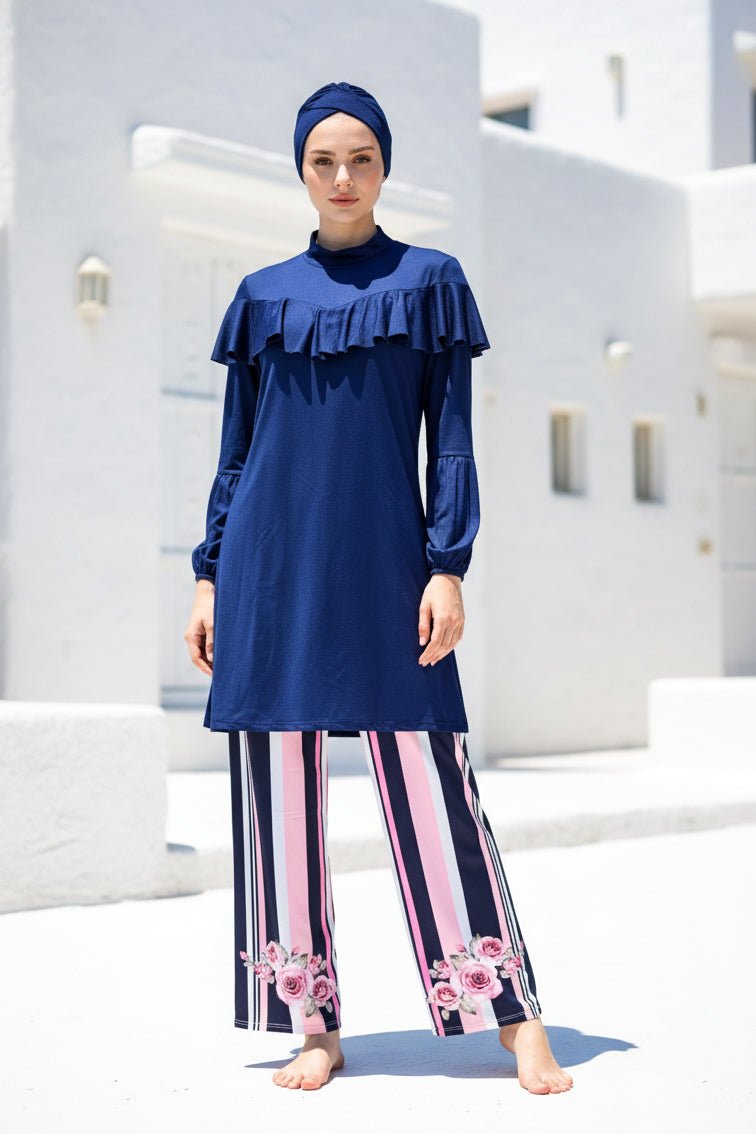 Tam Kapalı Tesettür Mayo Lacivert Likralı 4 Parça Kadın M2012 Ürün ana görseli