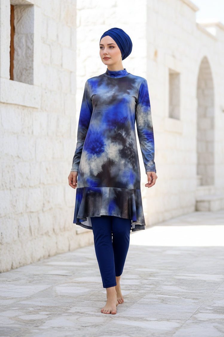 Tam Kapalı Tesettür Mayo Lacivert Desenli Likralı 4 Parça M2022 Ürün ana görseli