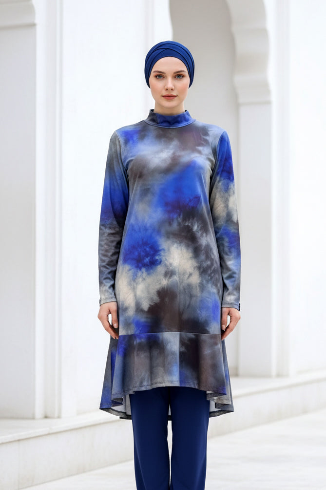 Tam Kapalı Tesettür Mayo Lacivert Desenli Likralı 4 Parça M2022 Ürün ikincil görseli