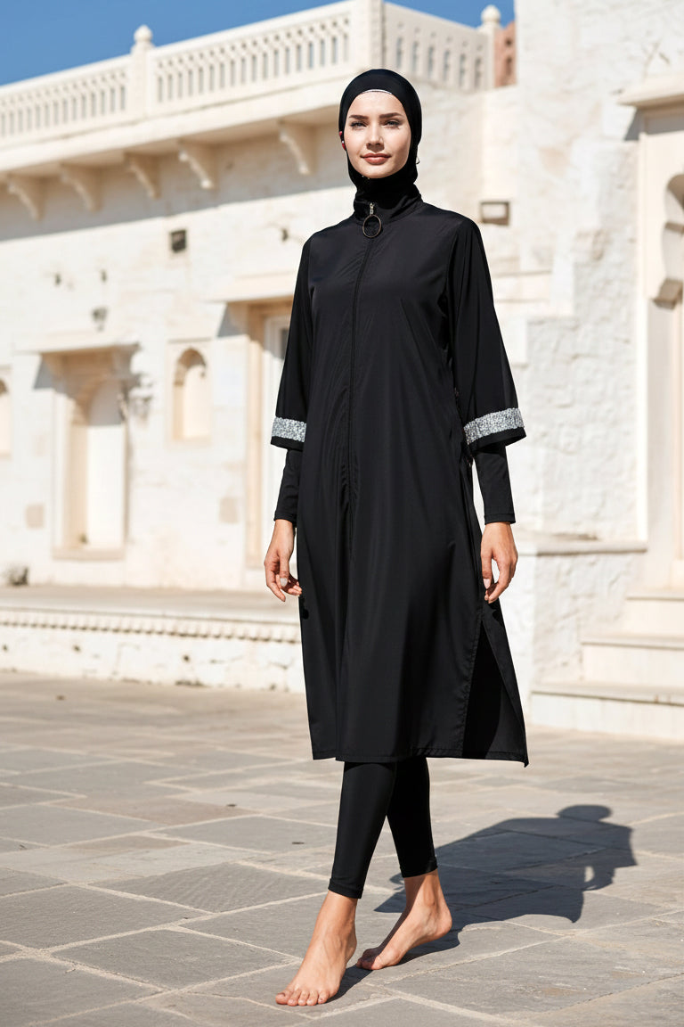 Tam Kapalı Tesettür Mayo Siyah Paraşüt Kumaşlı 3 Parça M2032 Ürün ana görseli