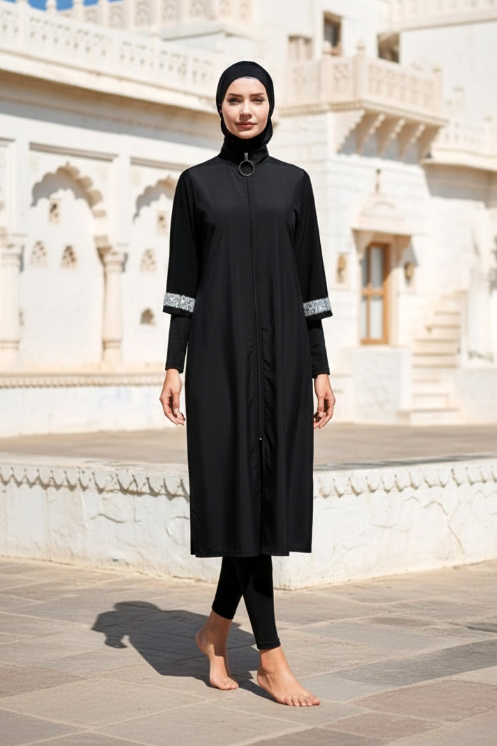 Tam Kapalı Tesettür Mayo Siyah Paraşüt Kumaşlı 3 Parça M2032