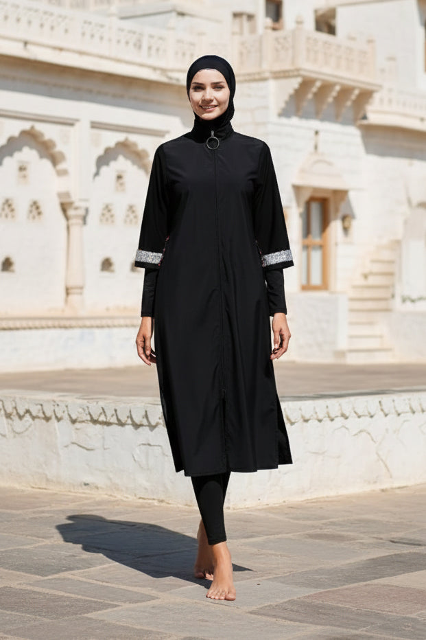 Tam Kapalı Tesettür Mayo Siyah Paraşüt Kumaşlı 3 Parça M2032