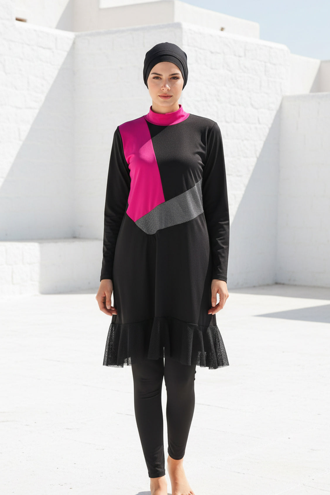 Tam Kapalı Tesettür Mayo Siyah Fuşya Detaylı Likralı 4 Parça M2106