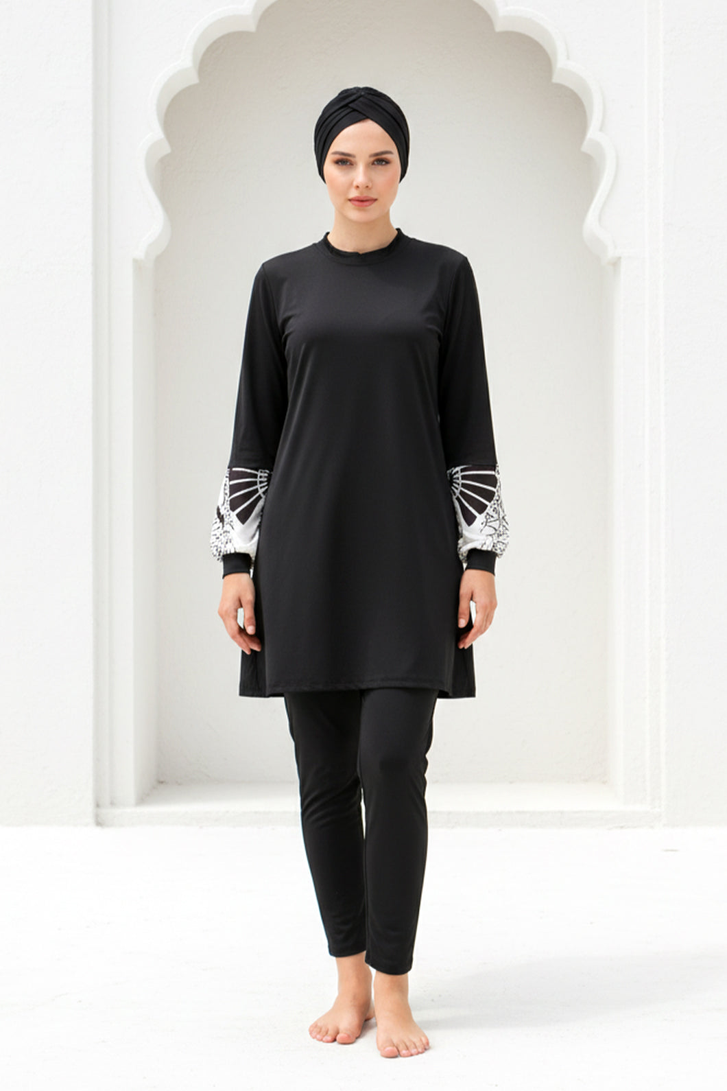 Tam Kapalı Tesettür Mayo Siyah Desenli Likralı Kadın M2114