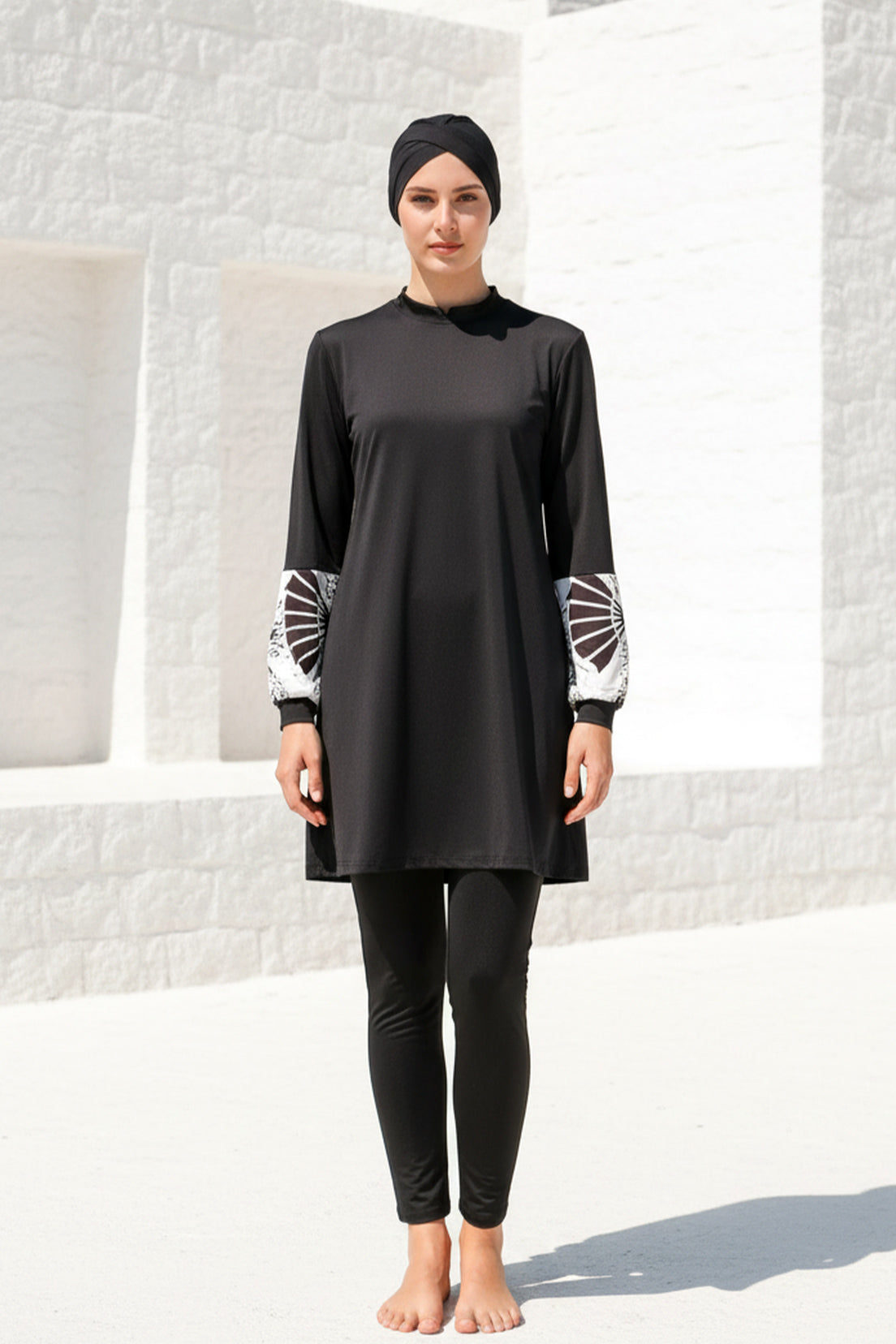 Tam Kapalı Tesettür Mayo Siyah Desenli Likralı Kadın M2114