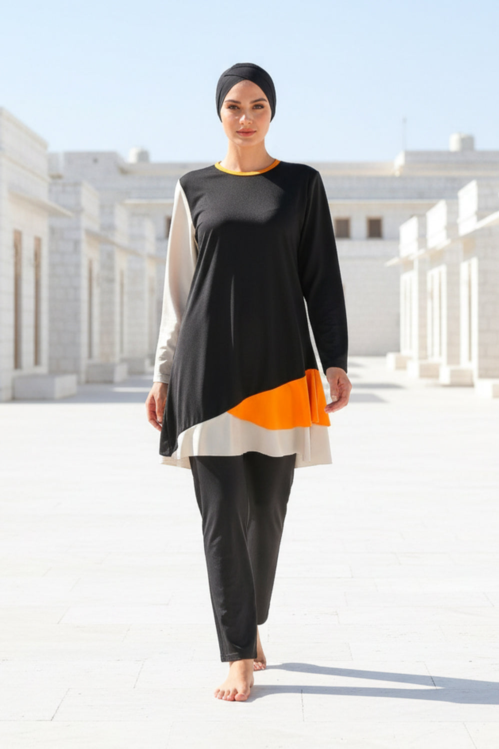 Tam Kapalı Tesettür Mayo Siyah Desenli Likralı 4 Parça M2115