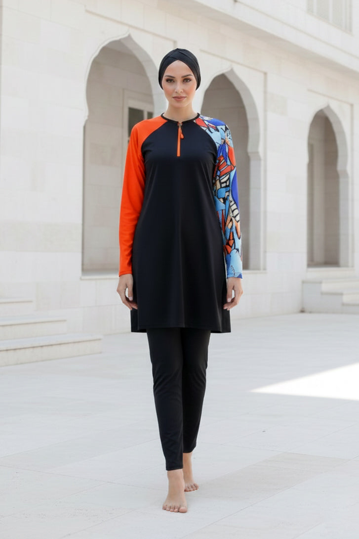 Tam Kapalı Tesettür Mayo Siyah Desenli Likralı Kadın M2117 Ürün ana görseli