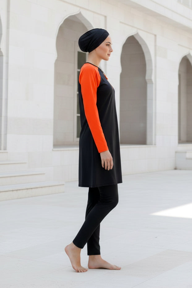 Tam Kapalı Tesettür Mayo Siyah Desenli Likralı Kadın M2117