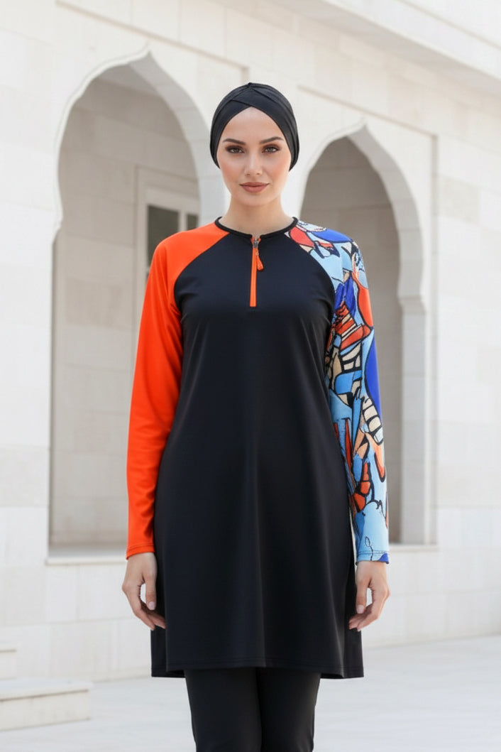 Tam Kapalı Tesettür Mayo Siyah Desenli Likralı Kadın M2117